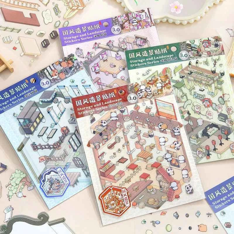 Chinese Style 3D Room Stickers - 4 Theme Sets: Panda Baozi Shop | Panda Hanfu Store | Tea House | Antique Shop - SNSEASY