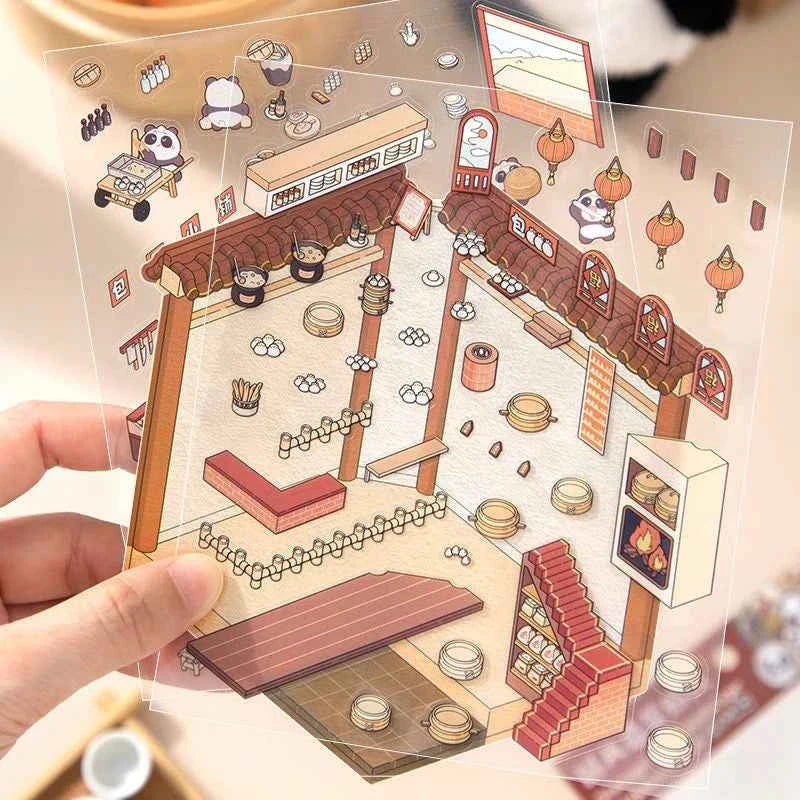 Chinese Style 3D Room Stickers - 4 Theme Sets: Panda Baozi Shop | Panda Hanfu Store | Tea House | Antique Shop - SNSEASY