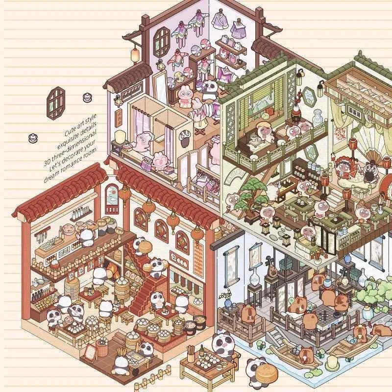 Chinese Style 3D Room Stickers - 4 Theme Sets: Panda Baozi Shop | Panda Hanfu Store | Tea House | Antique Shop - SNSEASY