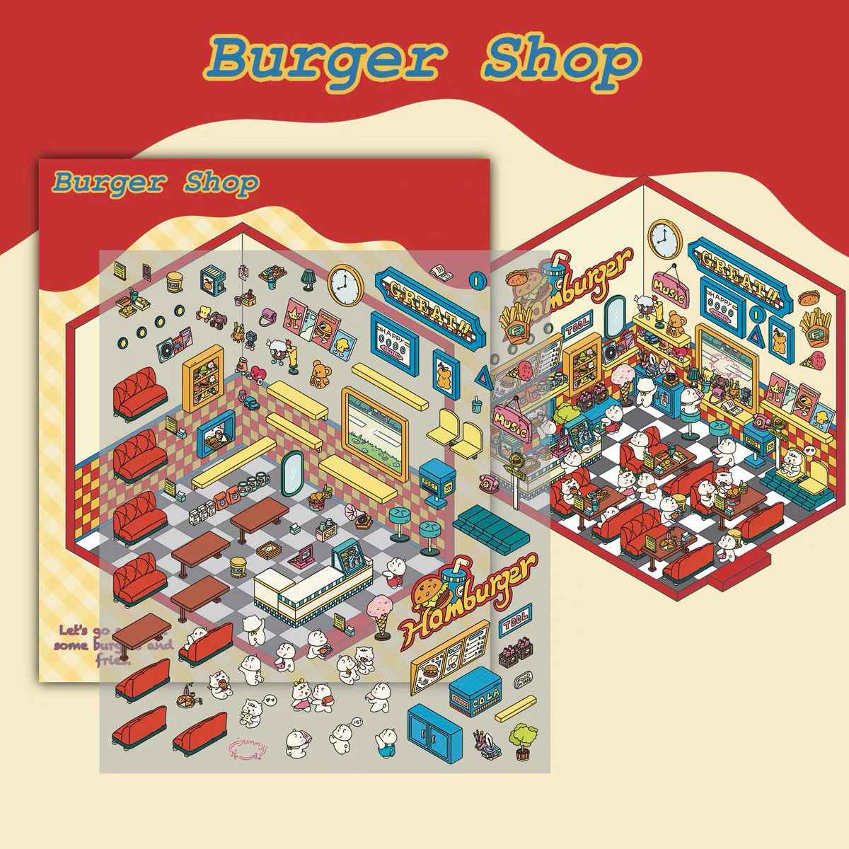 Migi's Happy Summer 3D Room Stickers - 9 Theme Sets: Work Time | Bookstore | Crane Game | Night Market | Izakaya | Tea Restaurant | Sweet Shop | Burger Shop | Hot Pot Restaurant - SNSEASY
