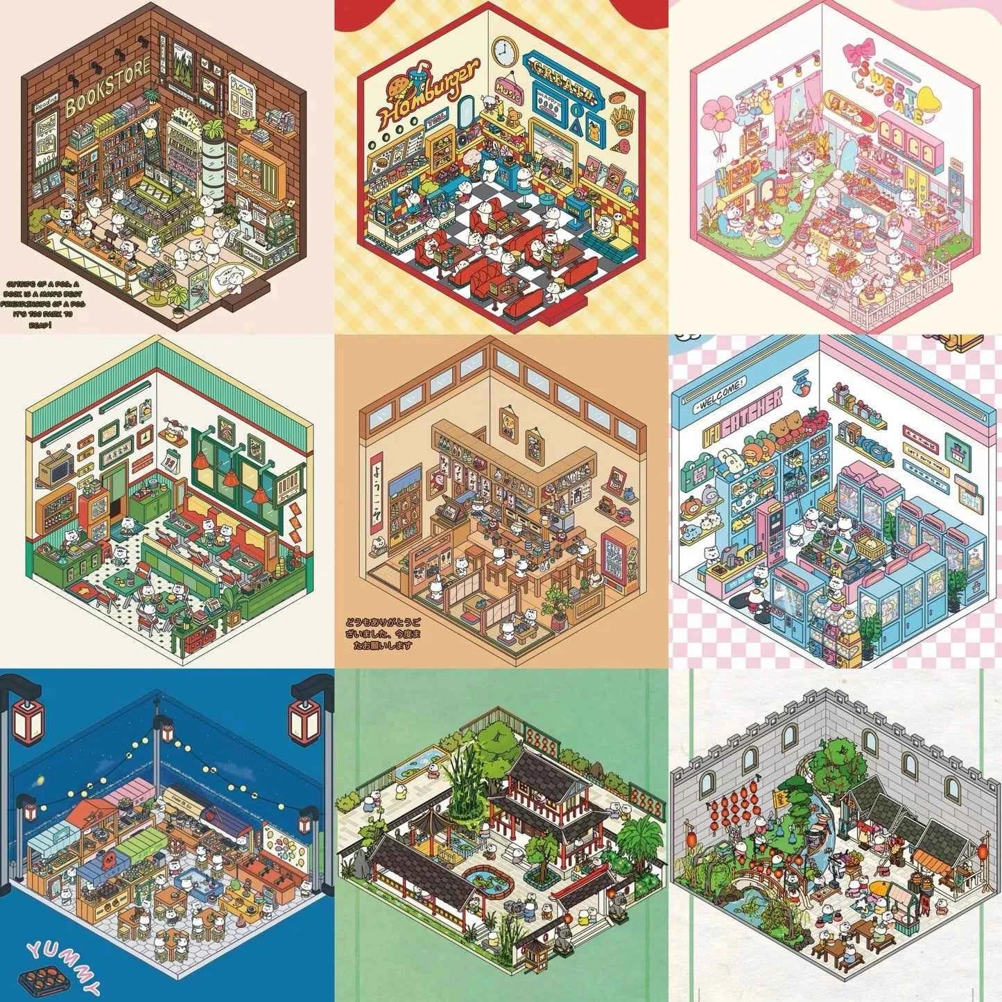 Migi's Happy Summer 3D Room Stickers - 9 Theme Sets: Work Time | Bookstore | Crane Game | Night Market | Izakaya | Tea Restaurant | Sweet Shop | Burger Shop | Hot Pot Restaurant - SNSEASY