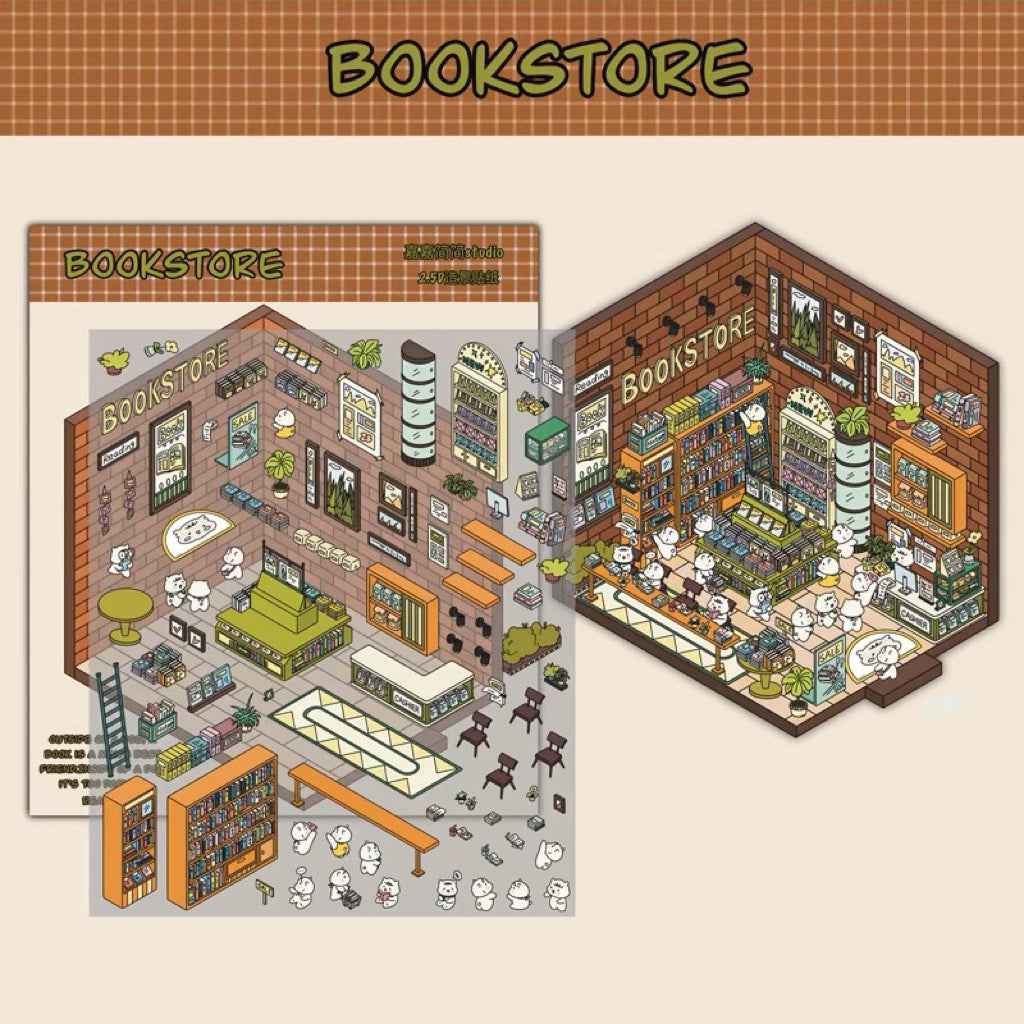 Migi's Happy Summer 3D Room Stickers - 9 Theme Sets: Work Time | Bookstore | Crane Game | Night Market | Izakaya | Tea Restaurant | Sweet Shop | Burger Shop | Hot Pot Restaurant - SNSEASY