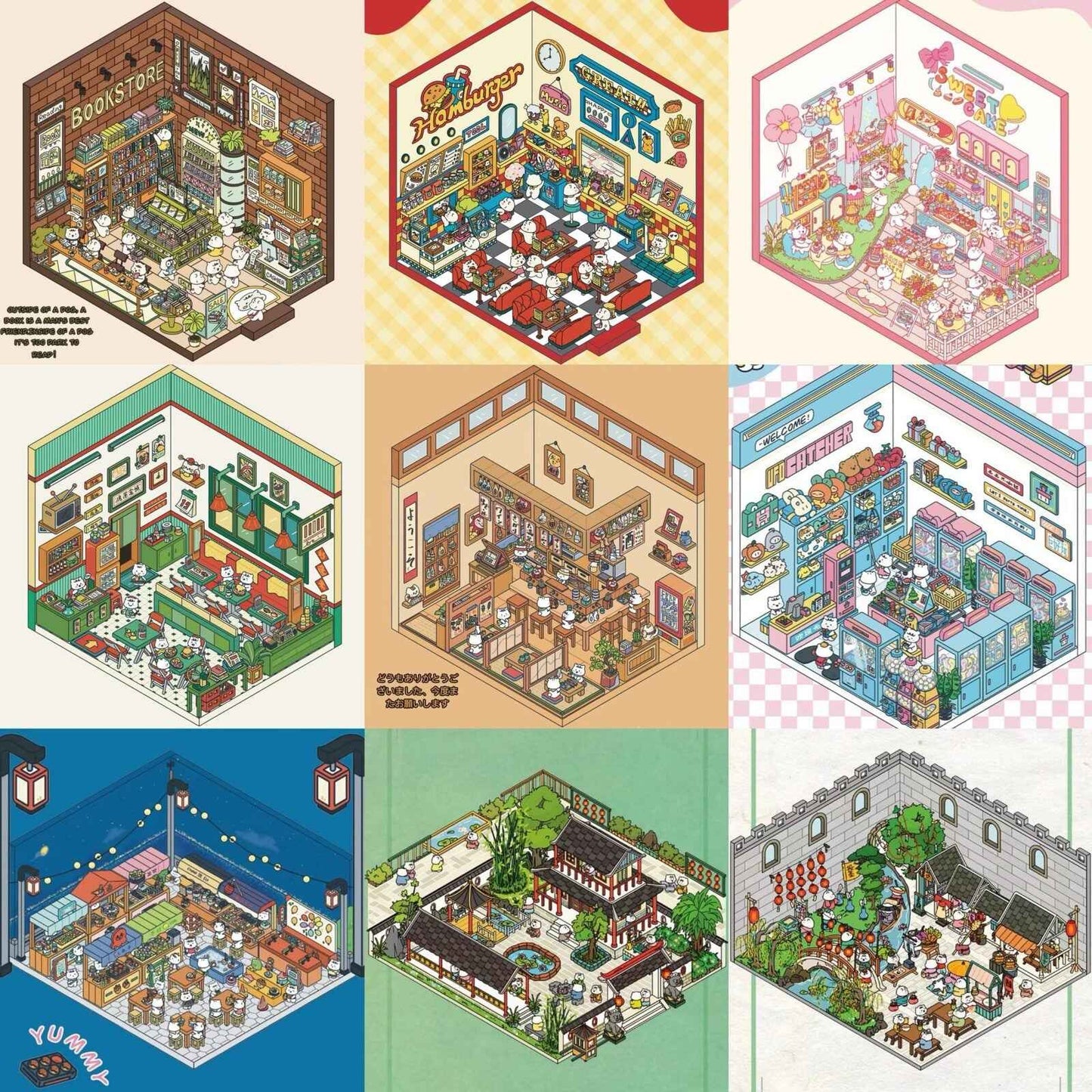Migi's Happy Summer 3D Room Stickers - 9 Theme Sets: Work Time | Bookstore | Crane Game | Night Market | Izakaya | Tea Restaurant | Sweet Shop | Burger Shop | Hot Pot Restaurant - SNSEASY