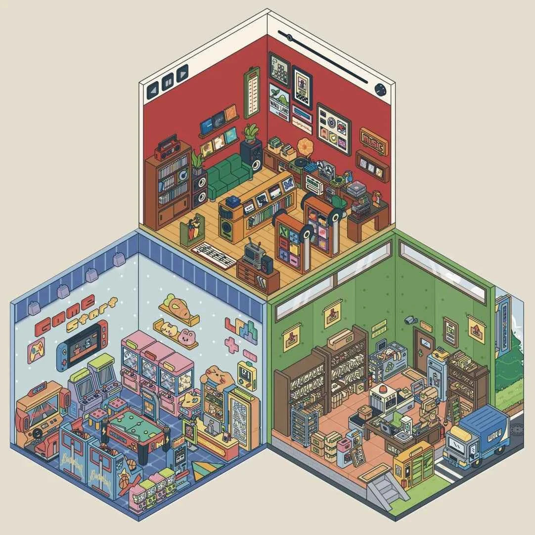 Simulation Business 3D Isometric Room Stickers - 3 Theme Sets: Arcade | Parcel Hub | Record Store - SNSEASY