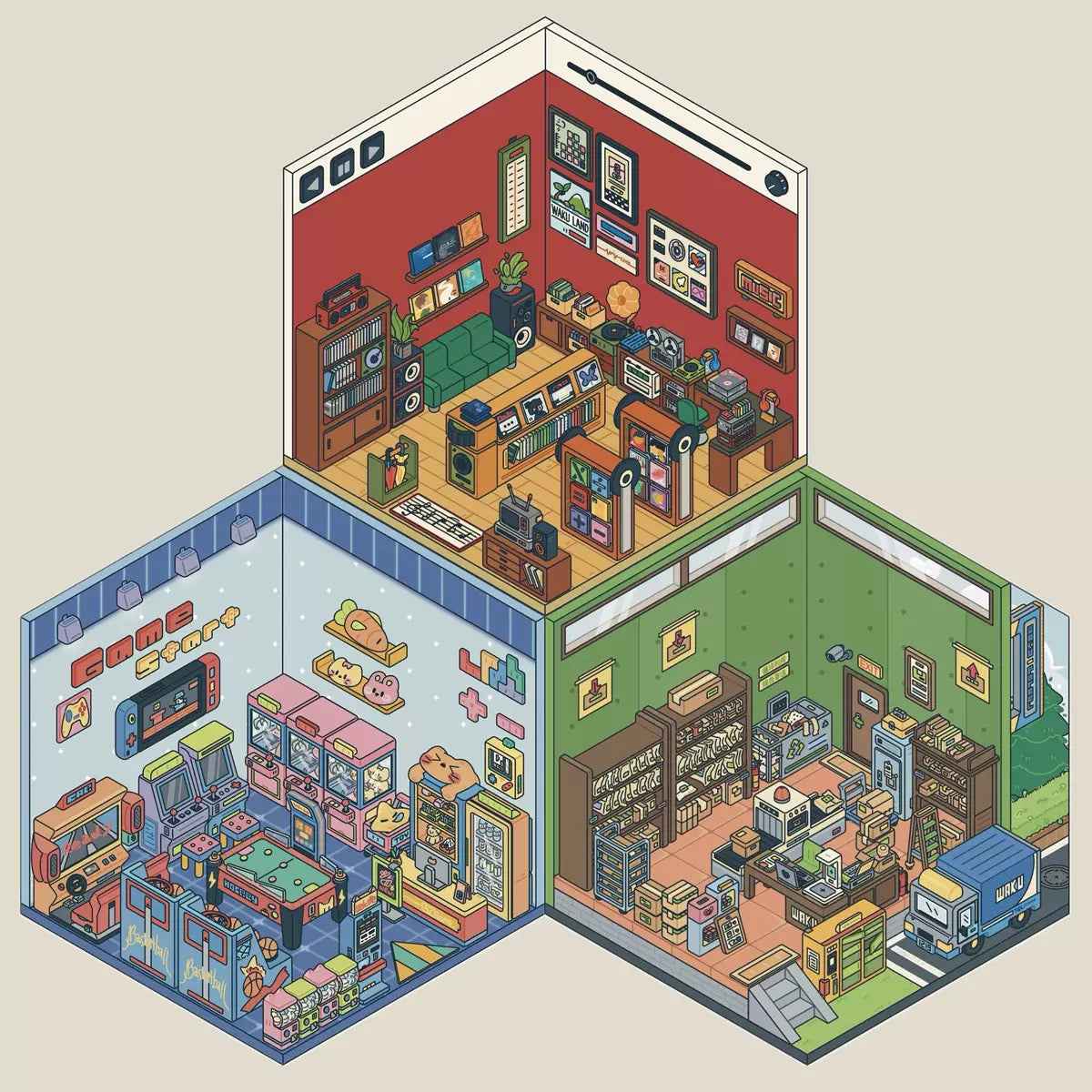 Simulation Business 3D Isometric Room Stickers - 3 Theme Sets: Arcade | Parcel Hub | Record Store - SNSEASY