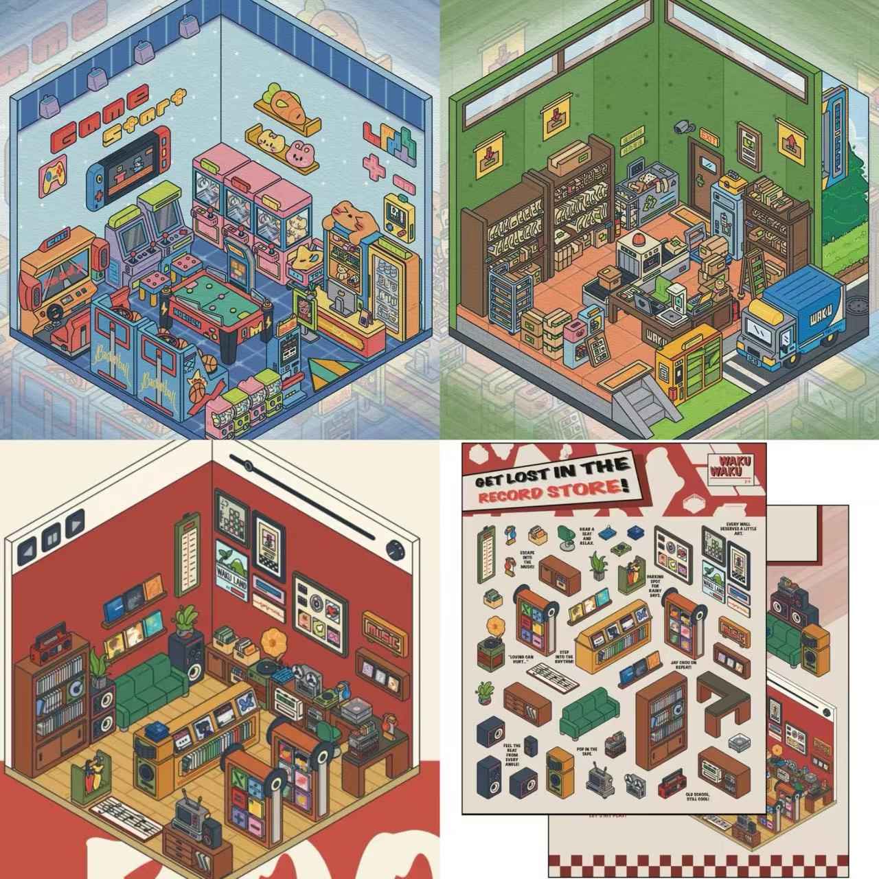 Simulation Business 3D Isometric Room Stickers - 3 Theme Sets: Arcade | Parcel Hub | Record Store - SNSEASY