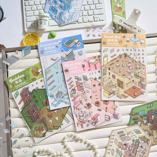 Animal Business 3D Isometric Room Stickers - 4 Theme Sets: Bunny Dessert Shop | Puppy Bookstore | Bear Flower Shop | Kitten Convenience Store - SNSEASY