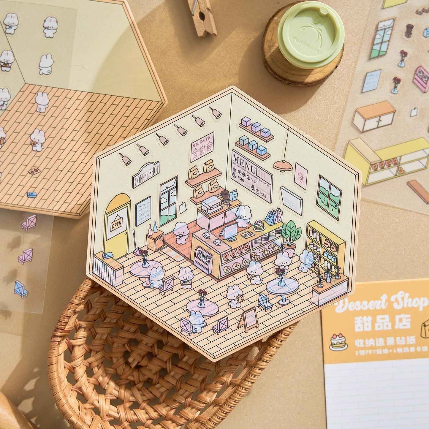 Animal Business 3D Isometric Room Stickers - 4 Theme Sets: Bunny Dessert Shop | Puppy Bookstore | Bear Flower Shop | Kitten Convenience Store - SNSEASY