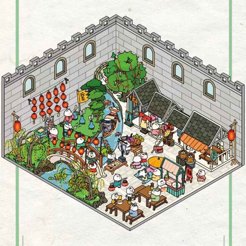 Mysterious Chinese Ancient Architecture 3D Isometric Room Stickers - 2 Theme Sets: Ancient Courtyard | Ancient Marketplace - SNSEASY