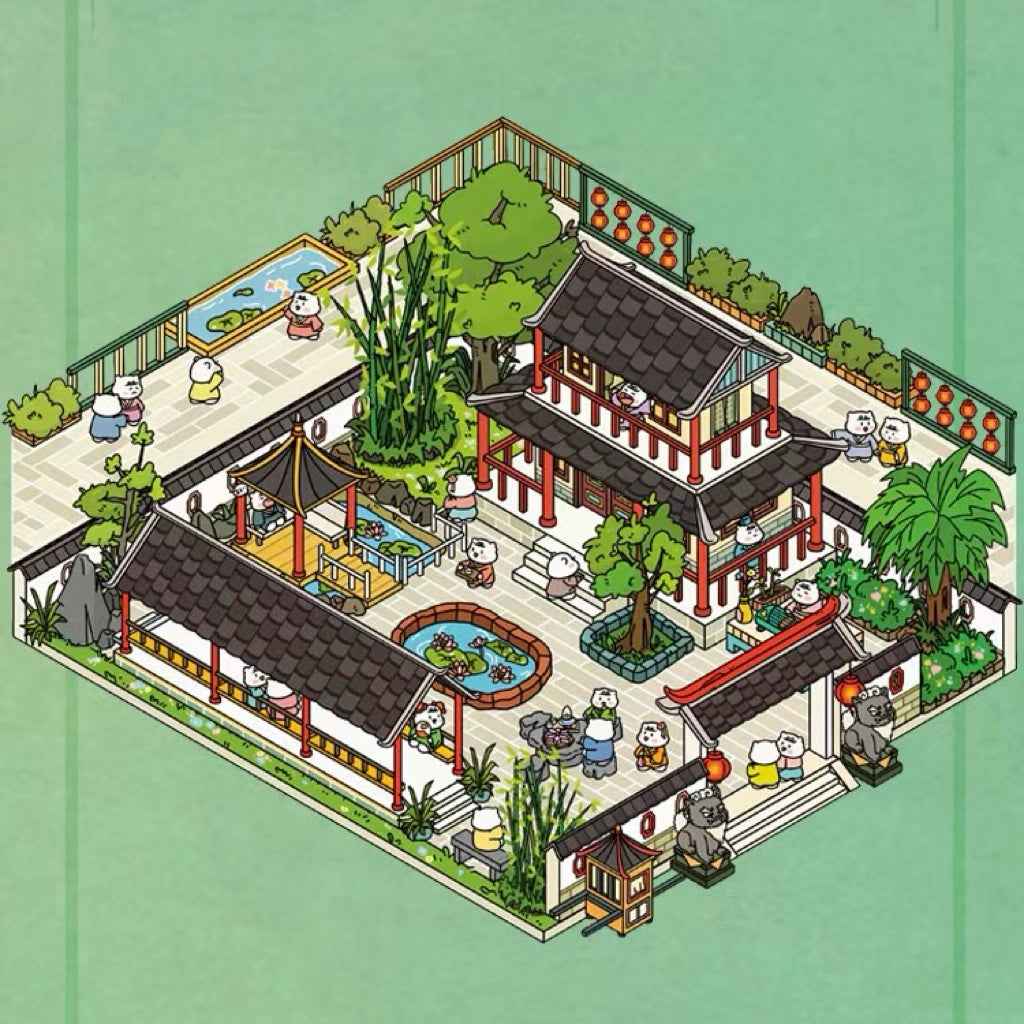 Mysterious Chinese Ancient Architecture 3D Isometric Room Stickers - 2 Theme Sets: Ancient Courtyard | Ancient Marketplace - SNSEASY