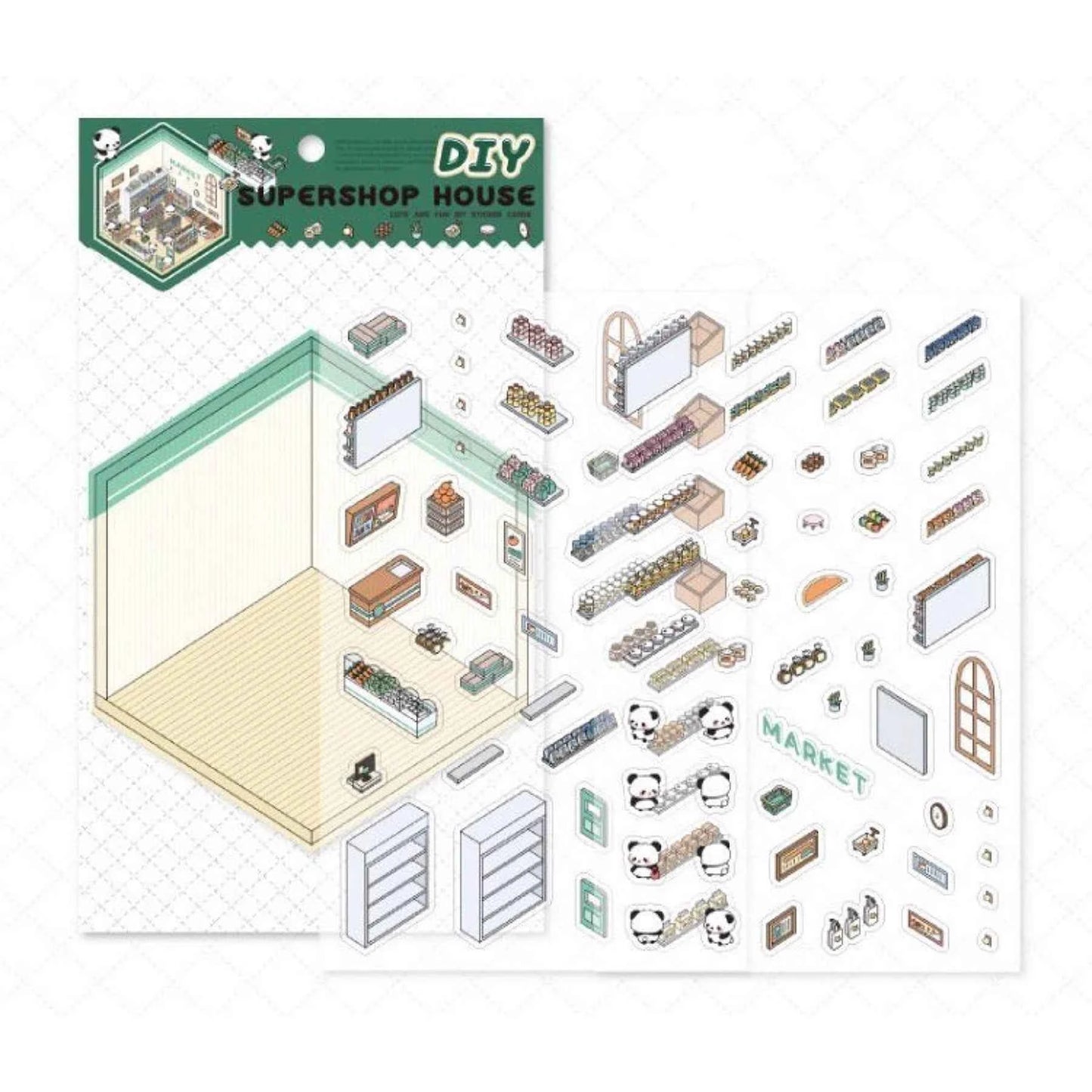 Cute Panda 3D Isometric Room Stickers - 4 Theme Sets: Panda House | Panda Bookstore | Panda Kitchen | Panda Super Shop - SNSEASY