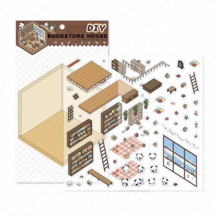 Cute Panda 3D Isometric Room Stickers - 4 Theme Sets: Panda House | Panda Bookstore | Panda Kitchen | Panda Super Shop - SNSEASY
