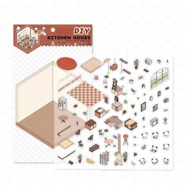Cute Panda 3D Isometric Room Stickers - 4 Theme Sets: Panda House | Panda Bookstore | Panda Kitchen | Panda Super Shop - SNSEASY