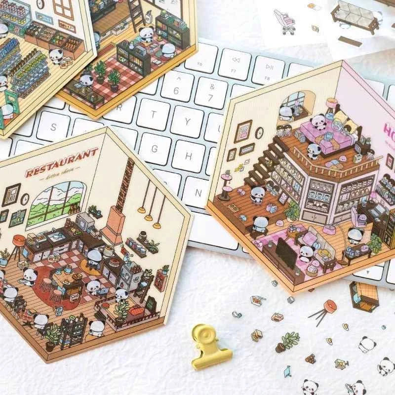 Cute Panda 3D Isometric Room Stickers - 4 Theme Sets: Panda House | Panda Bookstore | Panda Kitchen | Panda Super Shop - SNSEASY
