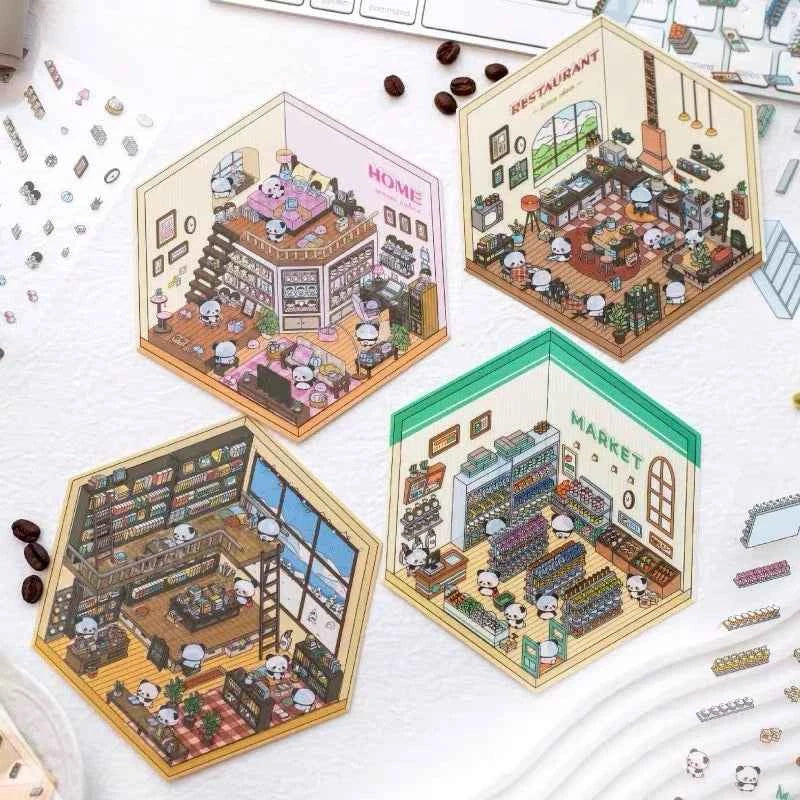 Cute Panda 3D Isometric Room Stickers - 4 Theme Sets: Panda House | Panda Bookstore | Panda Kitchen | Panda Super Shop - SNSEASY
