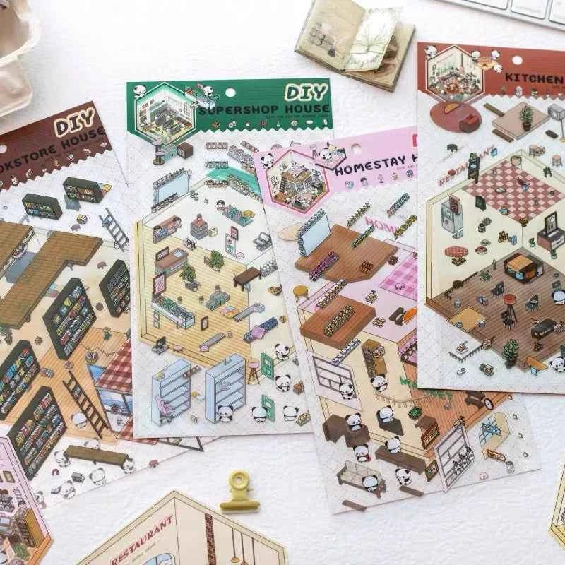 Cute Panda 3D Isometric Room Stickers - 4 Theme Sets: Panda House | Panda Bookstore | Panda Kitchen | Panda Super Shop - SNSEASY