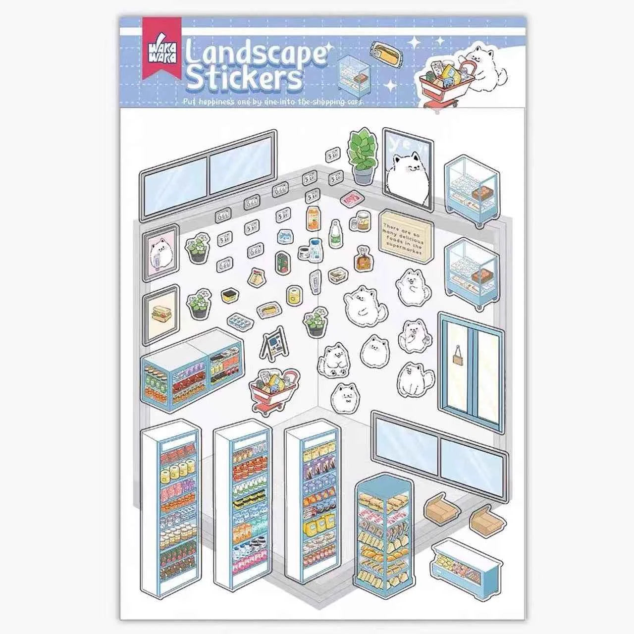 Samoyed's Day 3D Isometric Room Stickers - 6 Theme Sets: Samoyed Grocery Store | Samoyed Library | Samoyed Buffet | Samoyed Bakery Shop | Samoyed Bathroom | Panda Room - SNSEASY