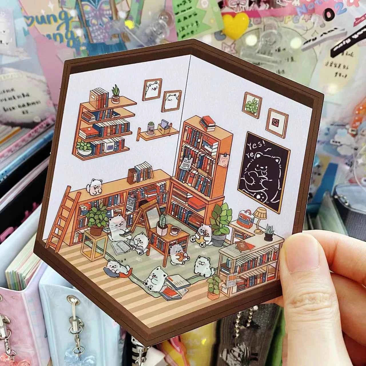 Samoyed's Day 3D Isometric Room Stickers - 6 Theme Sets: Samoyed Grocery Store | Samoyed Library | Samoyed Buffet | Samoyed Bakery Shop | Samoyed Bathroom | Panda Room - SNSEASY