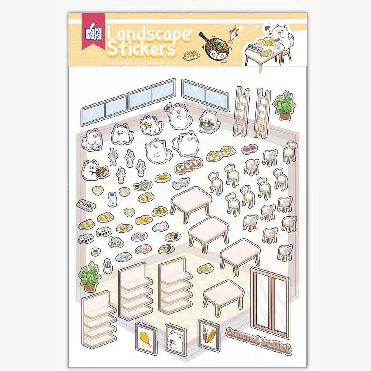 Samoyed's Day 3D Isometric Room Stickers - 6 Theme Sets: Samoyed Grocery Store | Samoyed Library | Samoyed Buffet | Samoyed Bakery Shop | Samoyed Bathroom | Panda Room - SNSEASY