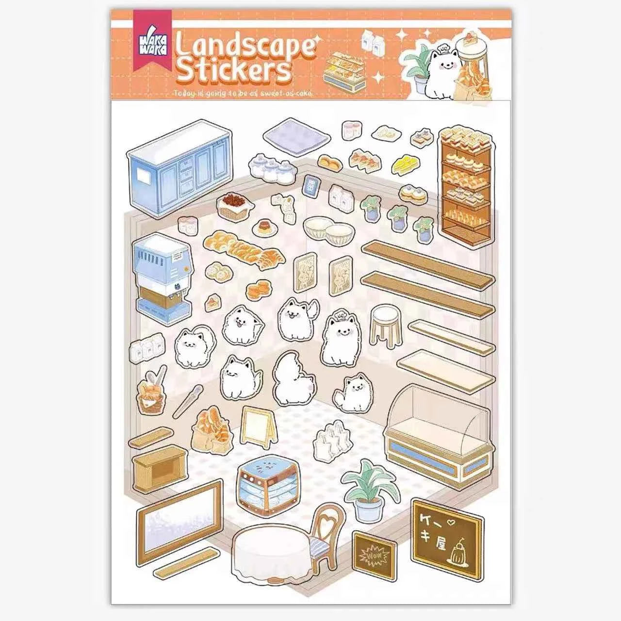 Samoyed's Day 3D Isometric Room Stickers - 6 Theme Sets: Samoyed Grocery Store | Samoyed Library | Samoyed Buffet | Samoyed Bakery Shop | Samoyed Bathroom | Panda Room - SNSEASY