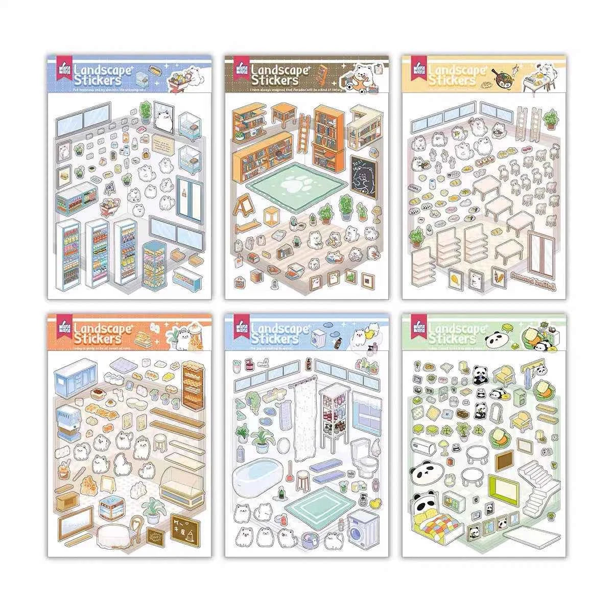 Samoyed's Day 3D Isometric Room Stickers - 6 Theme Sets: Samoyed Grocery Store | Samoyed Library | Samoyed Buffet | Samoyed Bakery Shop | Samoyed Bathroom | Panda Room - SNSEASY