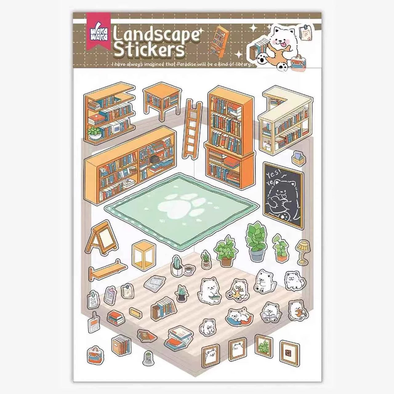 Samoyed's Day 3D Isometric Room Stickers - 6 Theme Sets: Samoyed Grocery Store | Samoyed Library | Samoyed Buffet | Samoyed Bakery Shop | Samoyed Bathroom | Panda Room - SNSEASY