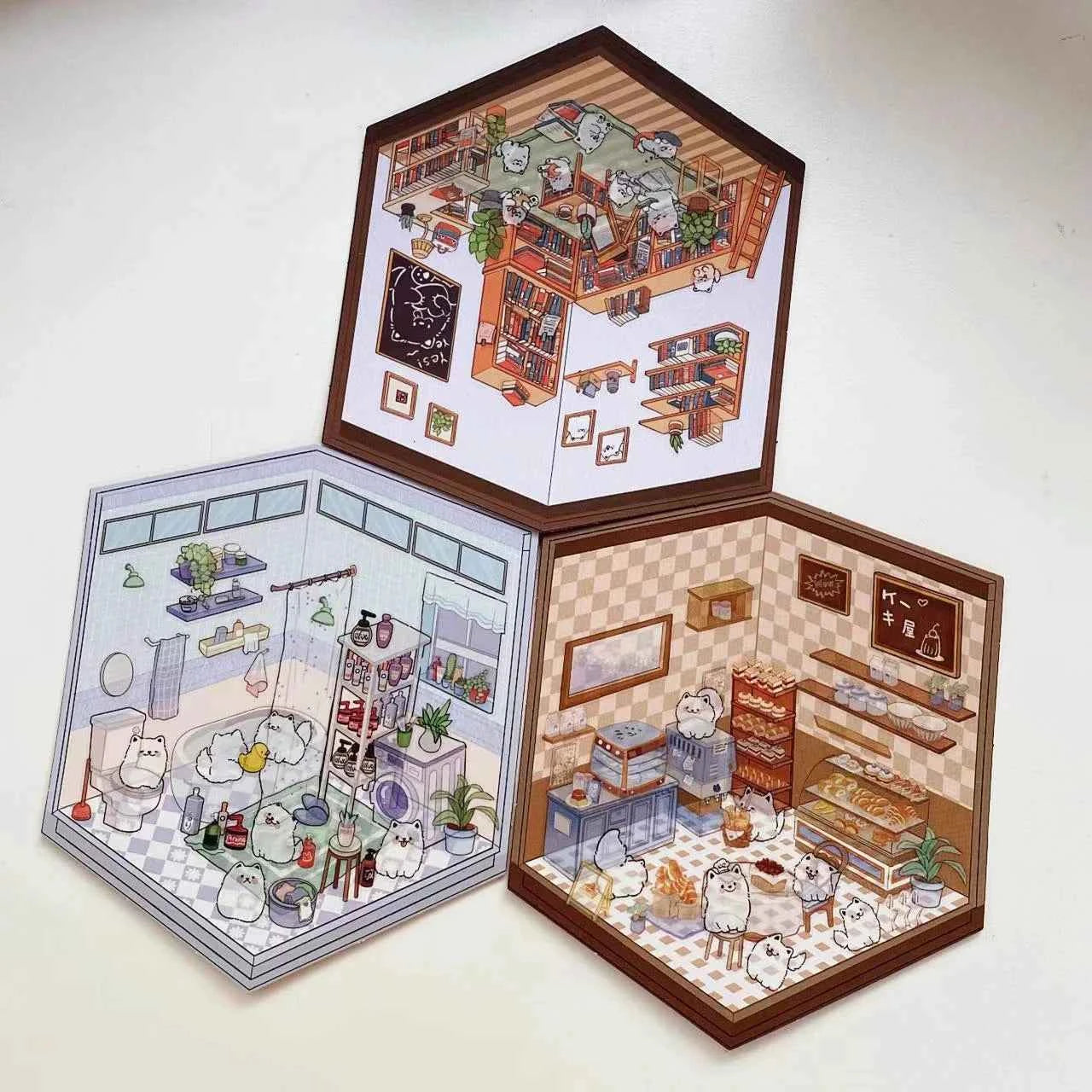 Samoyed's Day 3D Isometric Room Stickers - 6 Theme Sets: Samoyed Grocery Store | Samoyed Library | Samoyed Buffet | Samoyed Bakery Shop | Samoyed Bathroom | Panda Room - SNSEASY