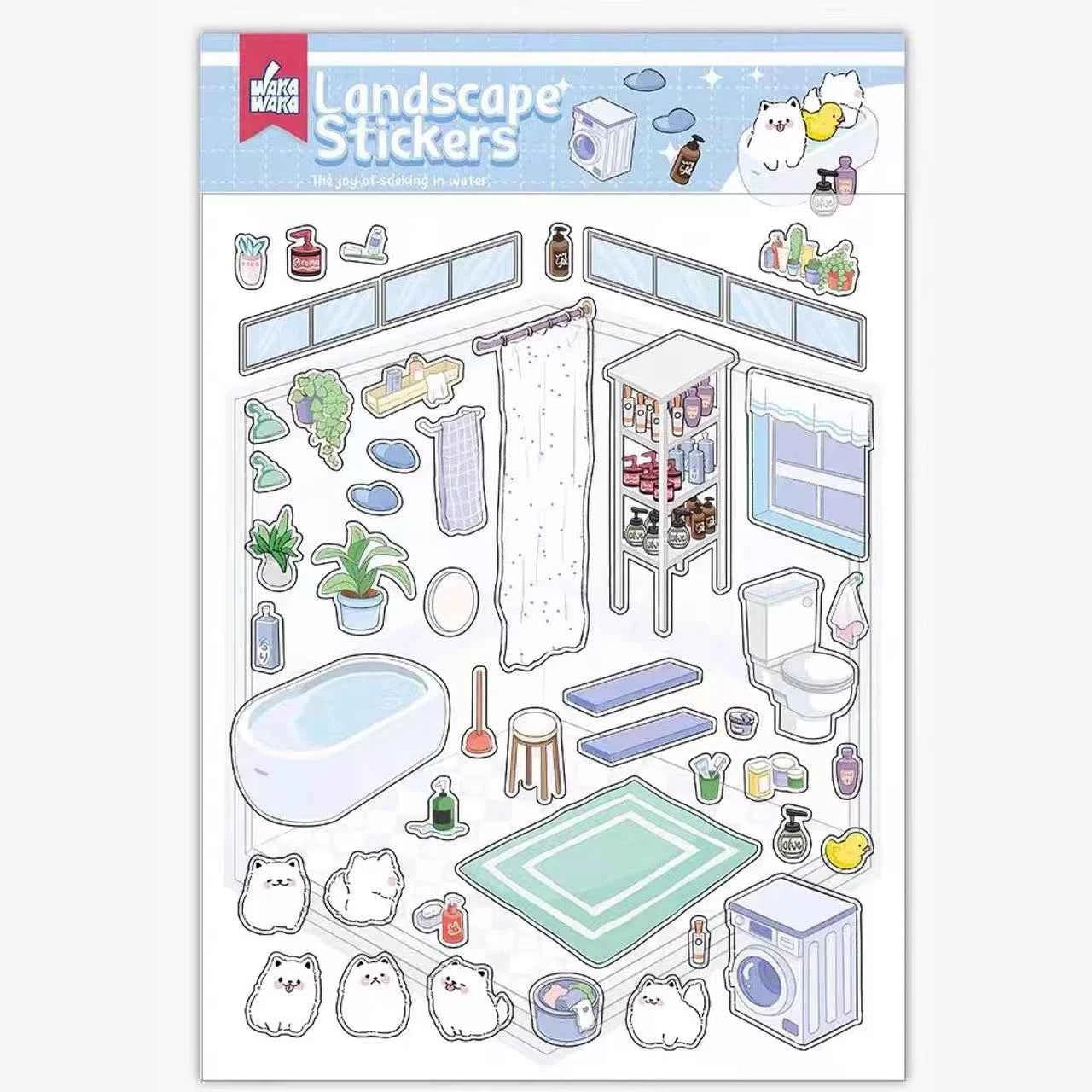 Samoyed's Day 3D Isometric Room Stickers - 6 Theme Sets: Samoyed Grocery Store | Samoyed Library | Samoyed Buffet | Samoyed Bakery Shop | Samoyed Bathroom | Panda Room - SNSEASY