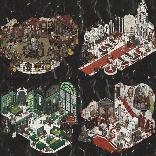 Dark Adventure Series 3D Scene Sticker 4 Theme Sets: Ghost Castle | Skeleton Cathedral | Bounty Tavern | Blood Dungeon