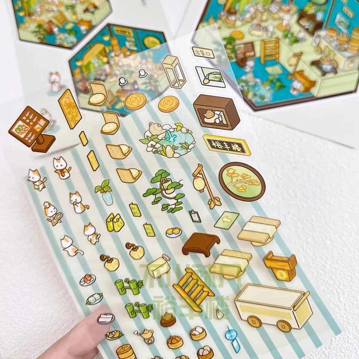 Cute Cat Shop Adventures 3D Isometric Room Stickers - 6 Theme Sets: Cat Burger Shop | Cat Ferris Wheel Sushi | Cat Hot Spring | Cat Pizza Shop | Cat Convenience Store | Cat Snack Restaurant - SNSEASY