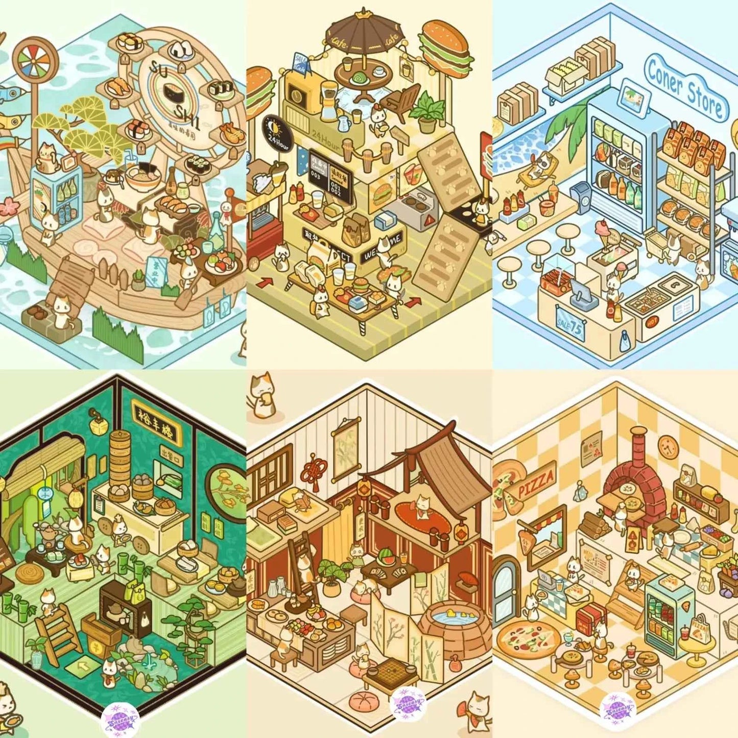 Cute Cat Shop Adventures 3D Isometric Room Stickers - 6 Theme Sets: Cat Burger Shop | Cat Ferris Wheel Sushi | Cat Hot Spring | Cat Pizza Shop | Cat Convenience Store | Cat Snack Restaurant - SNSEASY