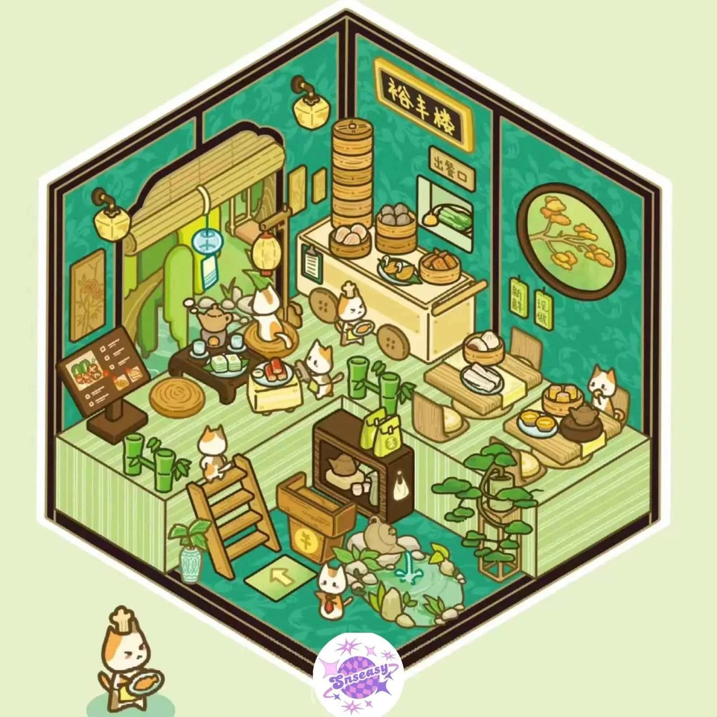 Cute Cat Shop Adventures 3D Isometric Room Stickers - 6 Theme Sets: Cat Burger Shop | Cat Ferris Wheel Sushi | Cat Hot Spring | Cat Pizza Shop | Cat Convenience Store | Cat Snack Restaurant - SNSEASY