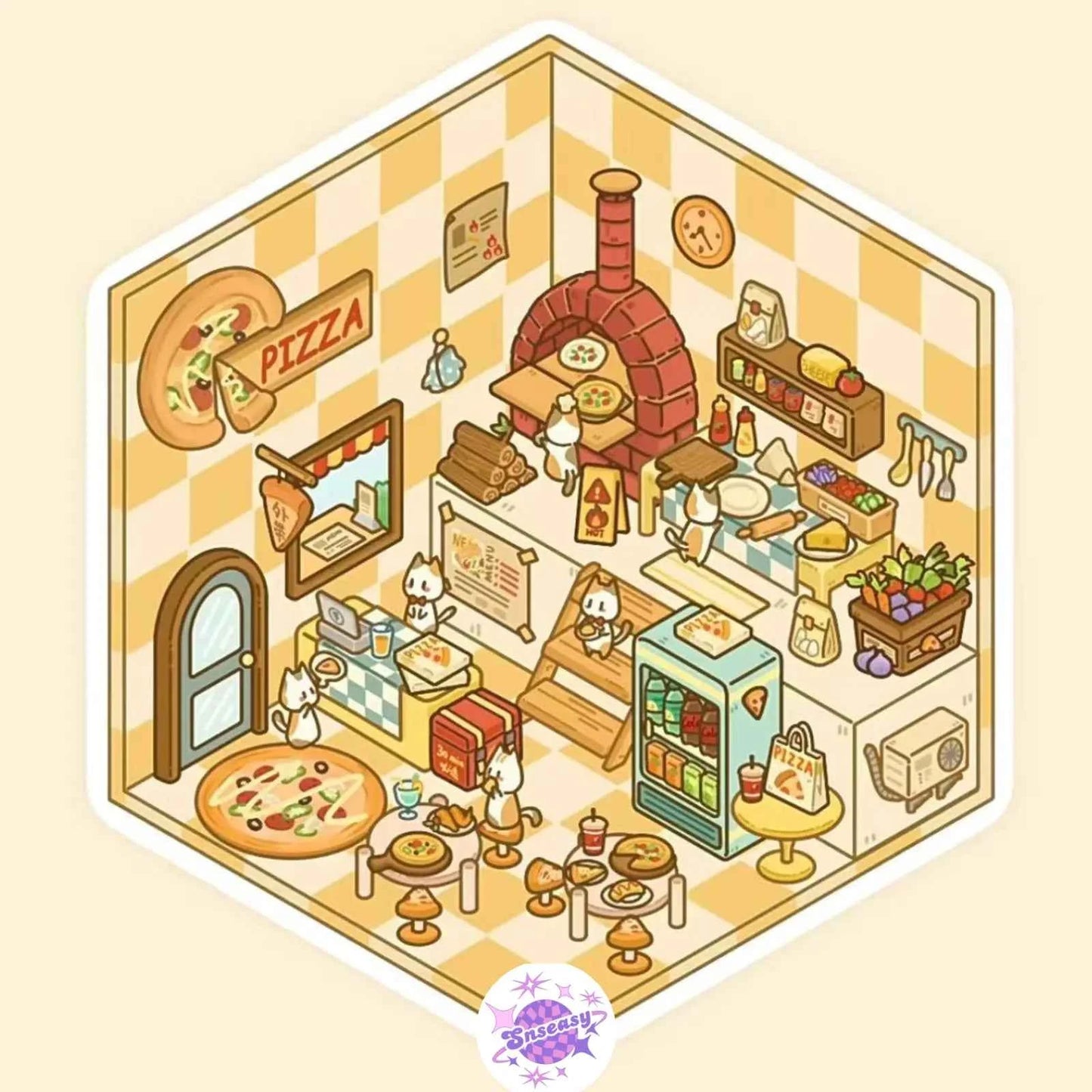 Cute Cat Shop Adventures 3D Isometric Room Stickers - 6 Theme Sets: Cat Burger Shop | Cat Ferris Wheel Sushi | Cat Hot Spring | Cat Pizza Shop | Cat Convenience Store | Cat Snack Restaurant - SNSEASY