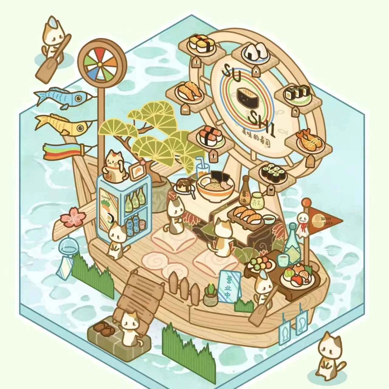 Cute Cat Shop Adventures 3D Isometric Room Stickers - 6 Theme Sets: Cat Burger Shop | Cat Ferris Wheel Sushi | Cat Hot Spring | Cat Pizza Shop | Cat Convenience Store | Cat Snack Restaurant - SNSEASY