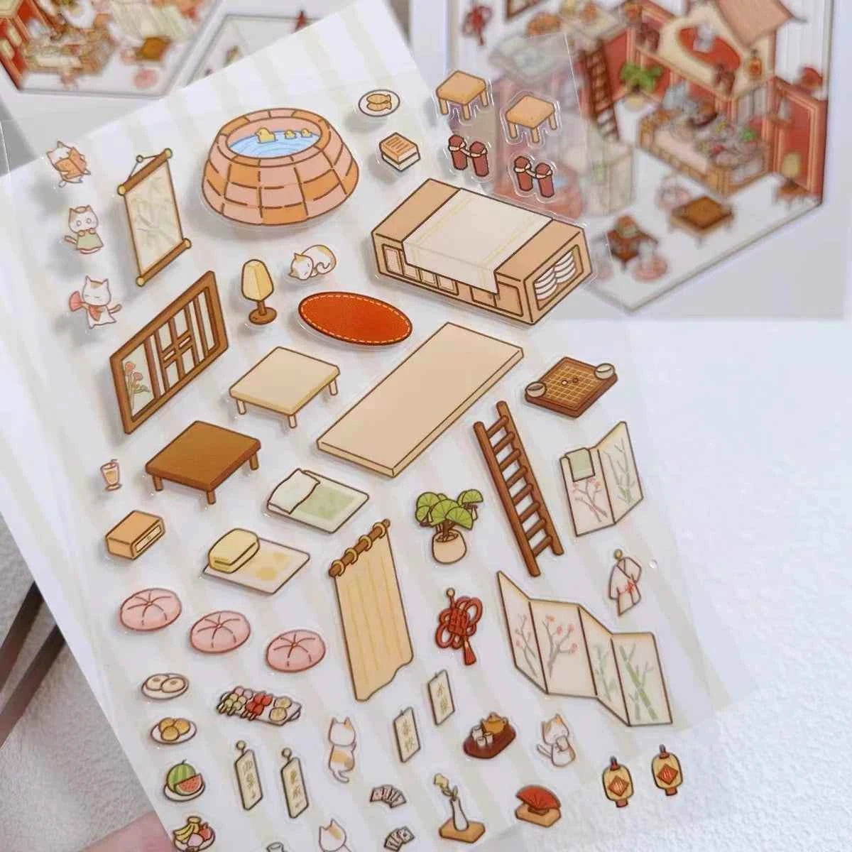 Cute Cat Shop Adventures 3D Isometric Room Stickers - 6 Theme Sets: Cat Burger Shop | Cat Ferris Wheel Sushi | Cat Hot Spring | Cat Pizza Shop | Cat Convenience Store | Cat Snack Restaurant - SNSEASY
