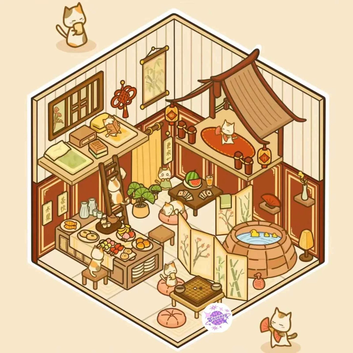 Cute Cat Shop Adventures 3D Isometric Room Stickers - 6 Theme Sets: Cat Burger Shop | Cat Ferris Wheel Sushi | Cat Hot Spring | Cat Pizza Shop | Cat Convenience Store | Cat Snack Restaurant - SNSEASY