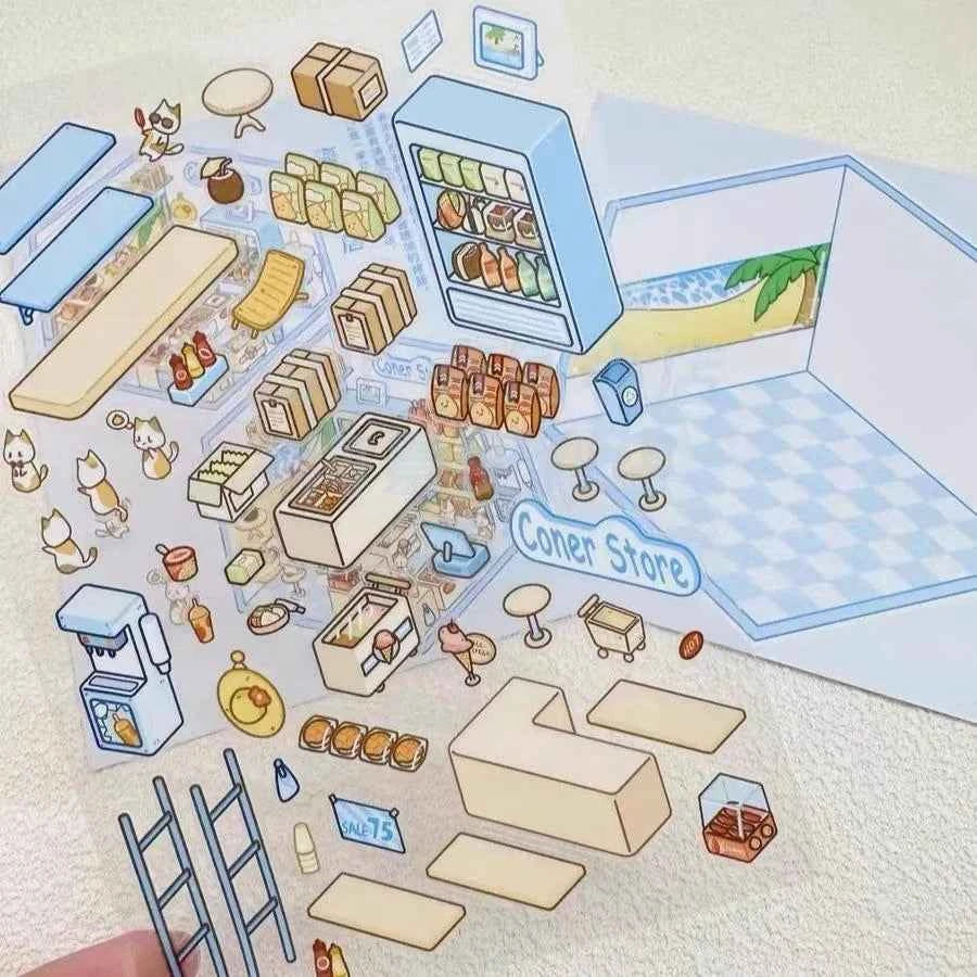 Cute Cat Shop Adventures 3D Isometric Room Stickers - 6 Theme Sets: Cat Burger Shop | Cat Ferris Wheel Sushi | Cat Hot Spring | Cat Pizza Shop | Cat Convenience Store | Cat Snack Restaurant - SNSEASY