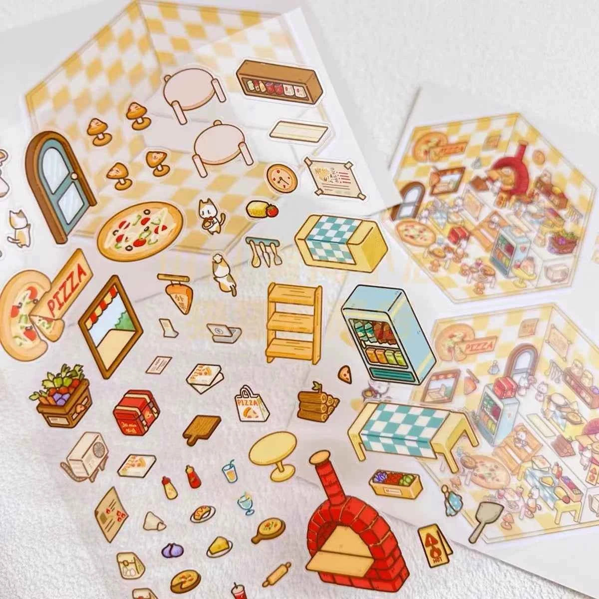 Cute Cat Shop Adventures 3D Isometric Room Stickers - 6 Theme Sets: Cat Burger Shop | Cat Ferris Wheel Sushi | Cat Hot Spring | Cat Pizza Shop | Cat Convenience Store | Cat Snack Restaurant - SNSEASY