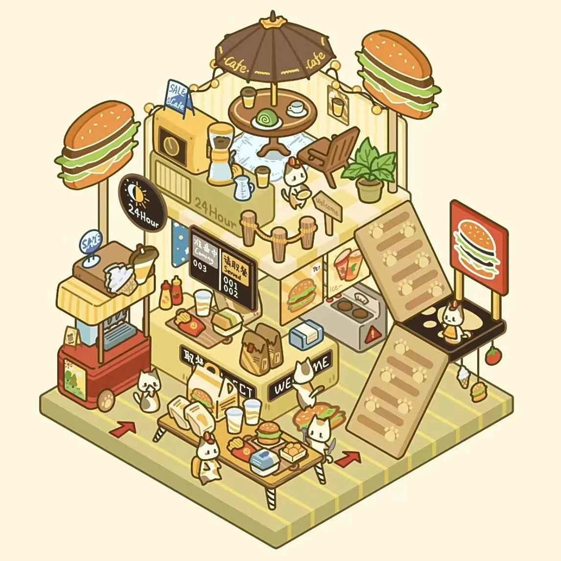 Cute Cat Shop Adventures 3D Isometric Room Stickers - 6 Theme Sets: Cat Burger Shop | Cat Ferris Wheel Sushi | Cat Hot Spring | Cat Pizza Shop | Cat Convenience Store | Cat Snack Restaurant - SNSEASY