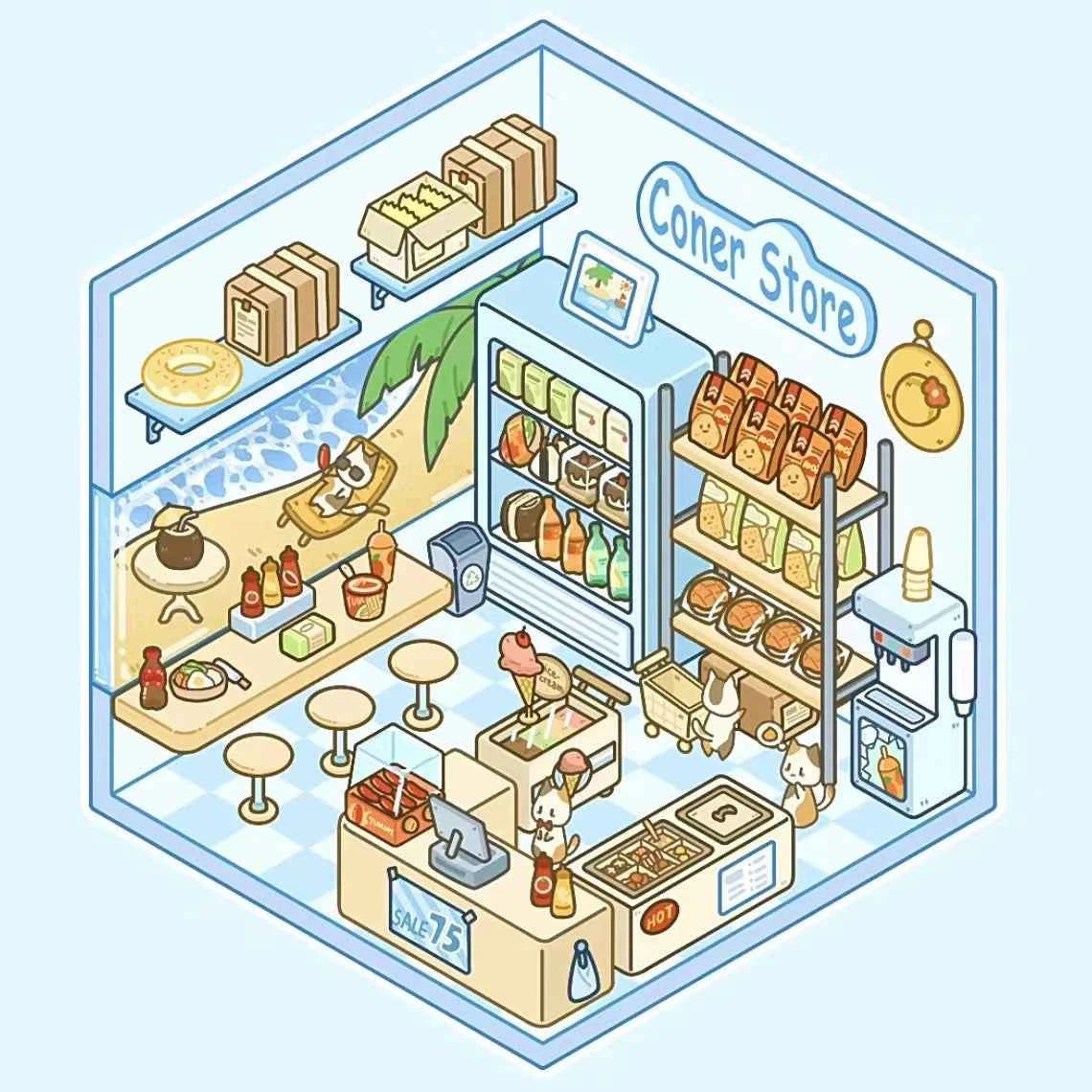 Cute Cat Shop Adventures 3D Isometric Room Stickers - 6 Theme Sets: Cat Burger Shop | Cat Ferris Wheel Sushi | Cat Hot Spring | Cat Pizza Shop | Cat Convenience Store | Cat Snack Restaurant - SNSEASY