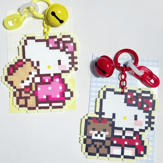 Hello Kitty and Her Teddy Bear Friend – Hello Kitty Keychain | Handmade Fuse Perler Bead Design - SNSEASY