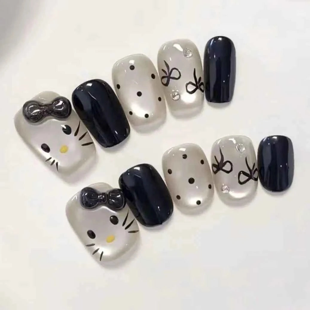 Handmade Wearable Cute Kitty Nail Art (10-Piece Set) – 3 Themes: Hello Kitty | Mocha Kitty | Black Kitty - SNSEASY
