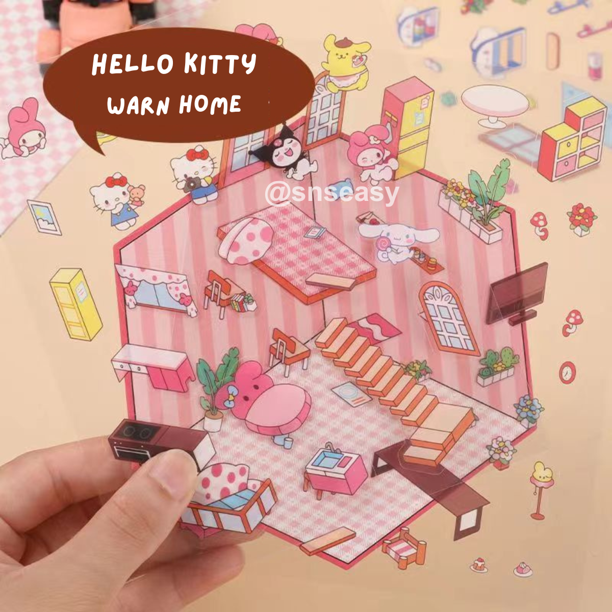 Hello Kitty 3D Isometric Room Stickers - 4 Theme Sets: Hello Kitty Coffee Shop | Hello Kitty Cake Shop | Hello Kitty Bathhouse | Hello Kitty Warm Home - SNSEASY