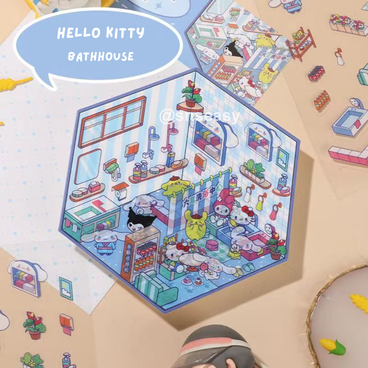 Hello Kitty 3D Isometric Room Stickers - 4 Theme Sets: Hello Kitty Coffee Shop | Hello Kitty Cake Shop | Hello Kitty Bathhouse | Hello Kitty Warm Home - SNSEASY