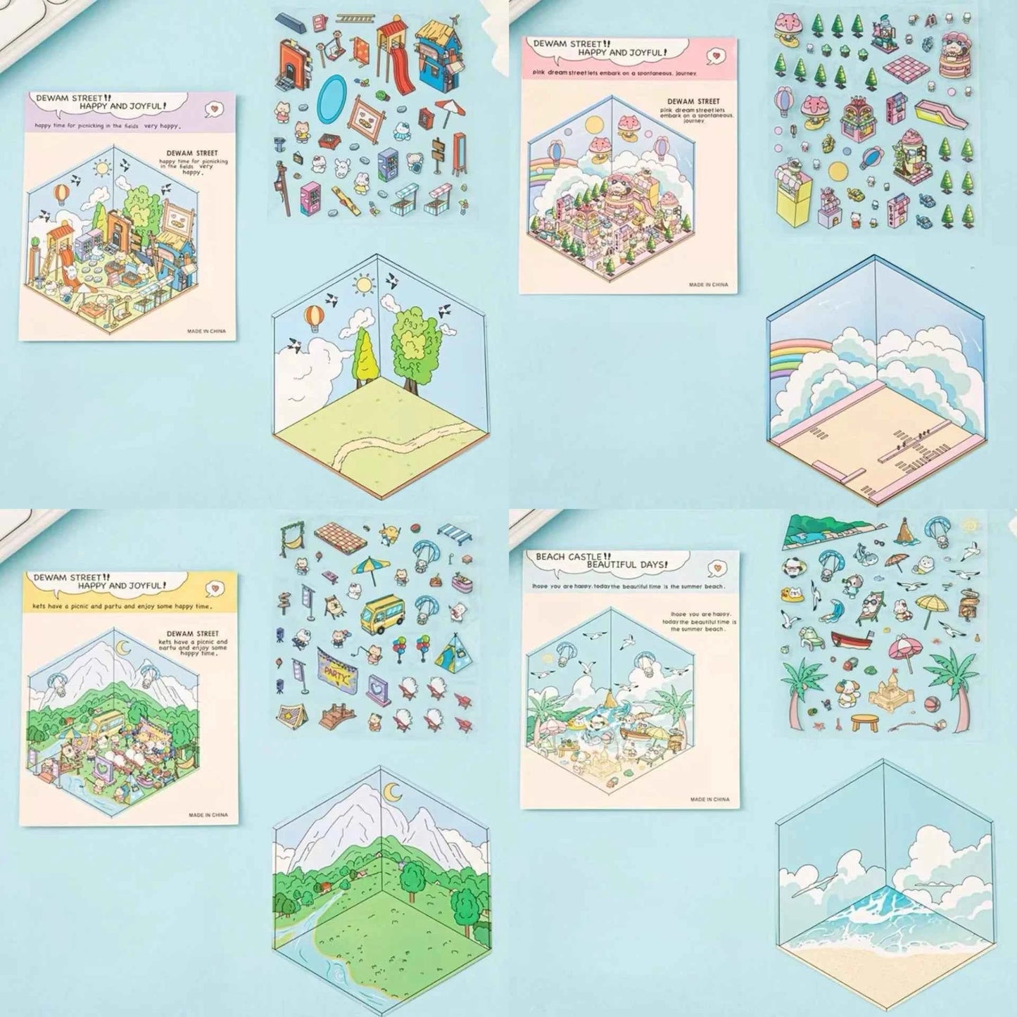 Happy Holiday 3D Isometric Room Stickers - 6 Theme Sets: Picnic | Spring Party | Amusement Park | Beach | Magical Library | Record Store - SNSEASY