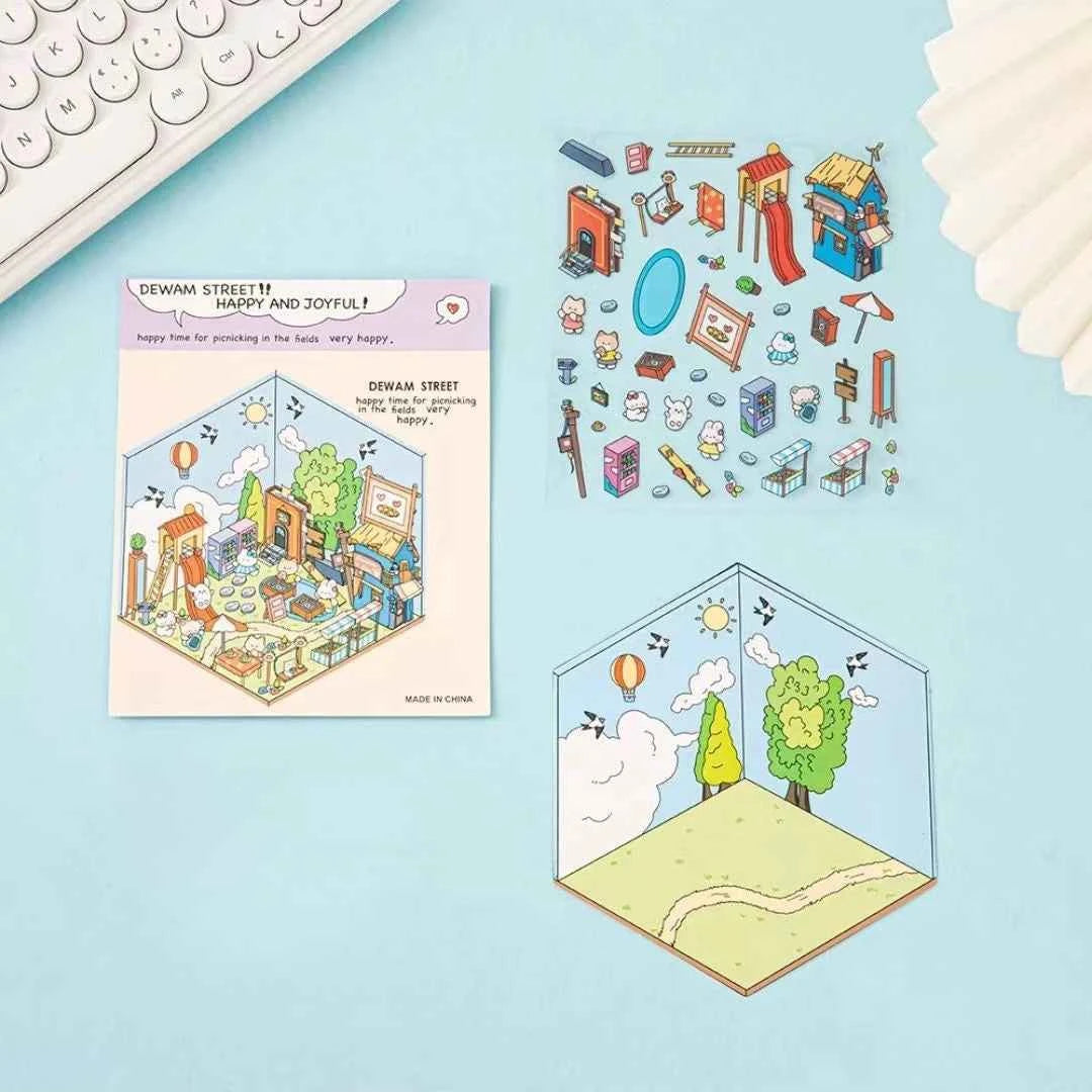 Happy Holiday 3D Isometric Room Stickers - 6 Theme Sets: Picnic | Spring Party | Amusement Park | Beach | Magical Library | Record Store - SNSEASY
