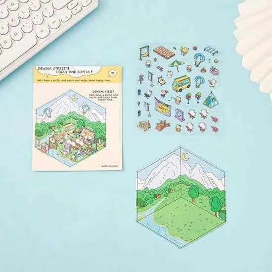 Happy Holiday 3D Isometric Room Stickers - 6 Theme Sets: Picnic | Spring Party | Amusement Park | Beach | Magical Library | Record Store - SNSEASY
