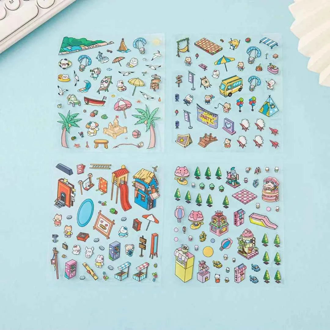 Happy Holiday 3D Isometric Room Stickers - 6 Theme Sets: Picnic | Spring Party | Amusement Park | Beach | Magical Library | Record Store - SNSEASY