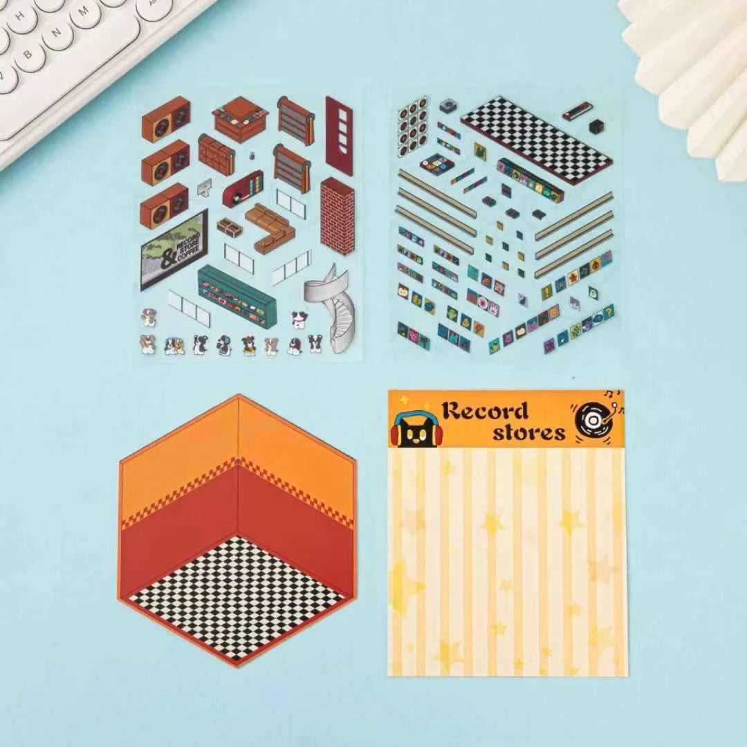 Happy Holiday 3D Isometric Room Stickers - 6 Theme Sets: Picnic | Spring Party | Amusement Park | Beach | Magical Library | Record Store - SNSEASY