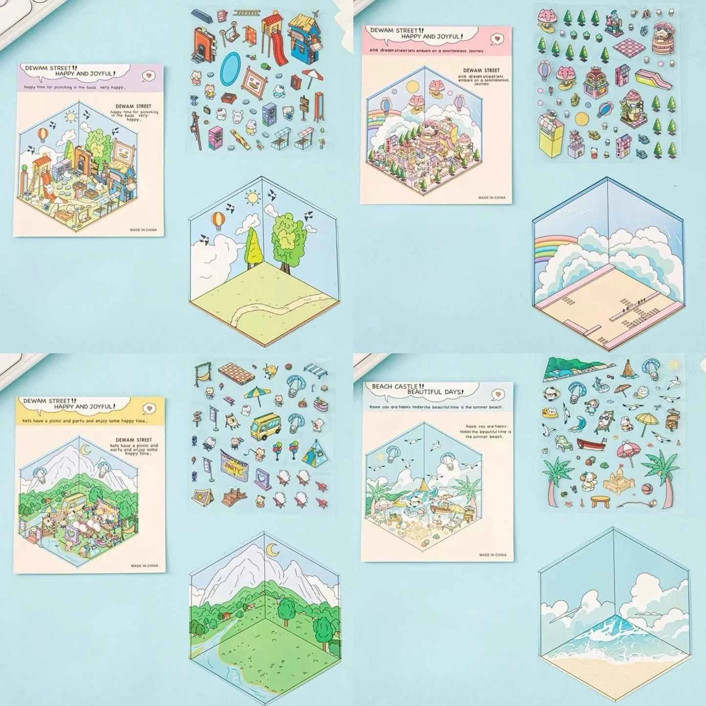 Happy Holiday 3D Isometric Room Stickers - 6 Theme Sets: Picnic | Spring Party | Amusement Park | Beach | Magical Library | Record Store - SNSEASY